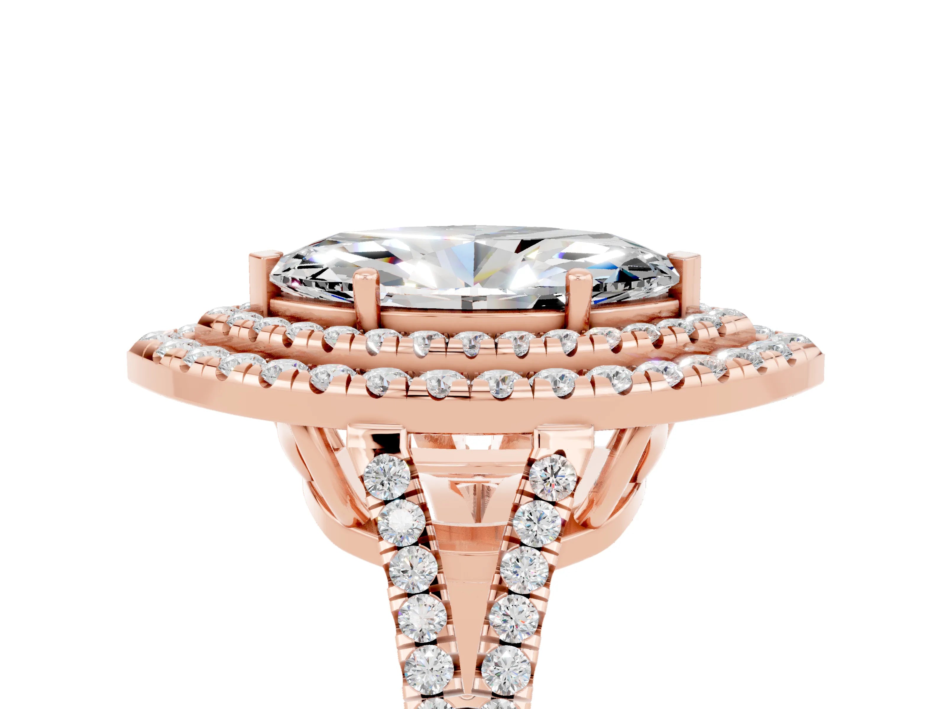 Rose gold Marquise Cut Moissanite Double Halo Ring with Pavé Band and Prong Setting_17