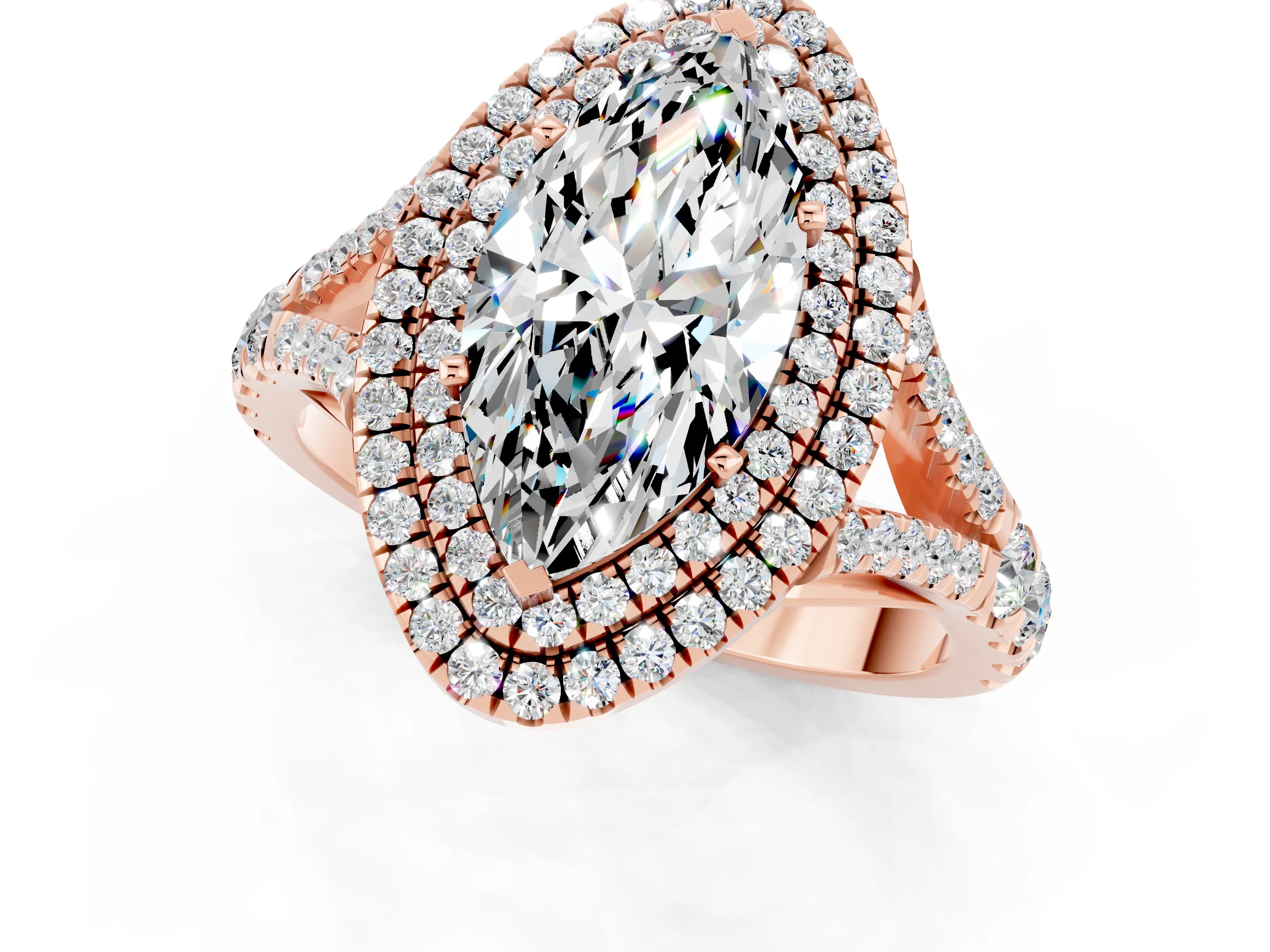 Rose gold Marquise Cut Moissanite Double Halo Ring with Split Shank and Prong Setting_13