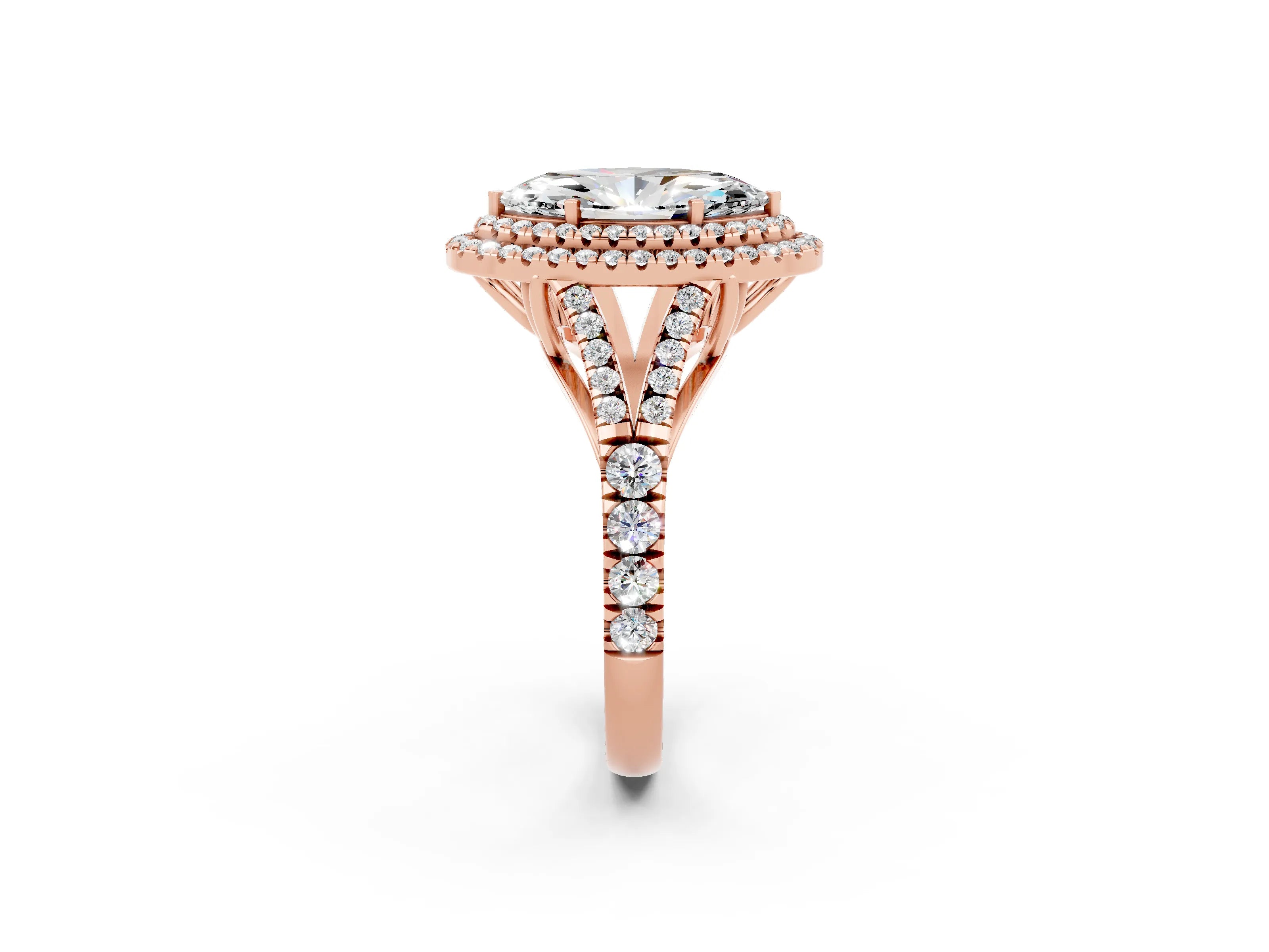 Rose gold Marquise Cut Moissanite Double Halo Ring with Split Shank and Prong Setting_14