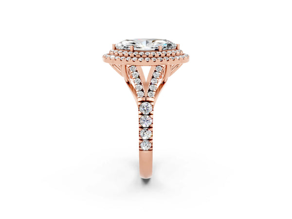 Rose gold Marquise Cut Moissanite Double Halo Ring with Split Shank and Prong Setting