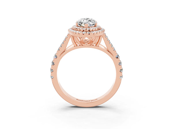 Rose gold Marquise Cut Moissanite Double Halo Ring with Split Shank and Prong Setting