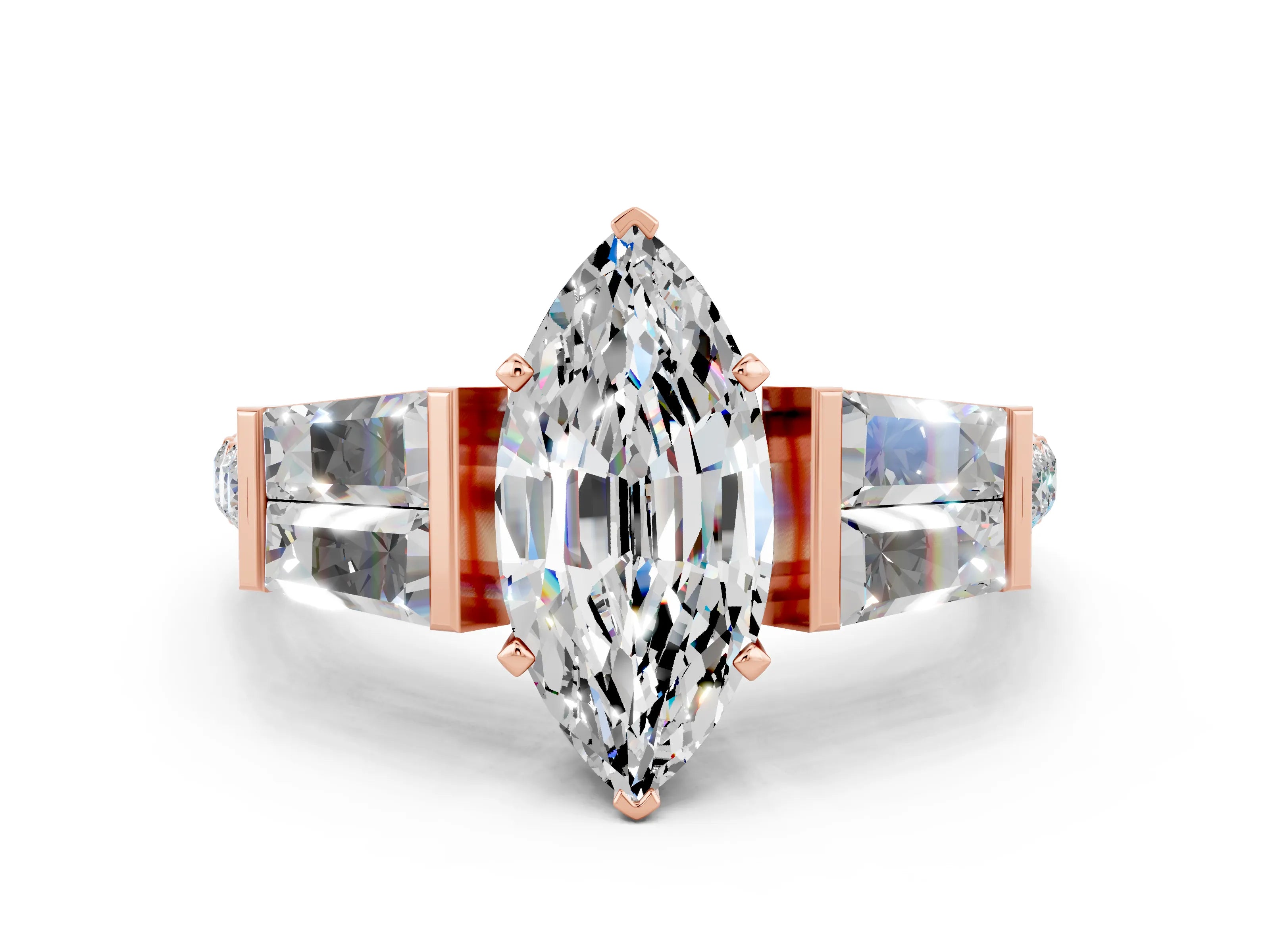 Rose gold Marquise Cut Moissanite Engagement Ring with Baguette Side Stones and Channel Set Band