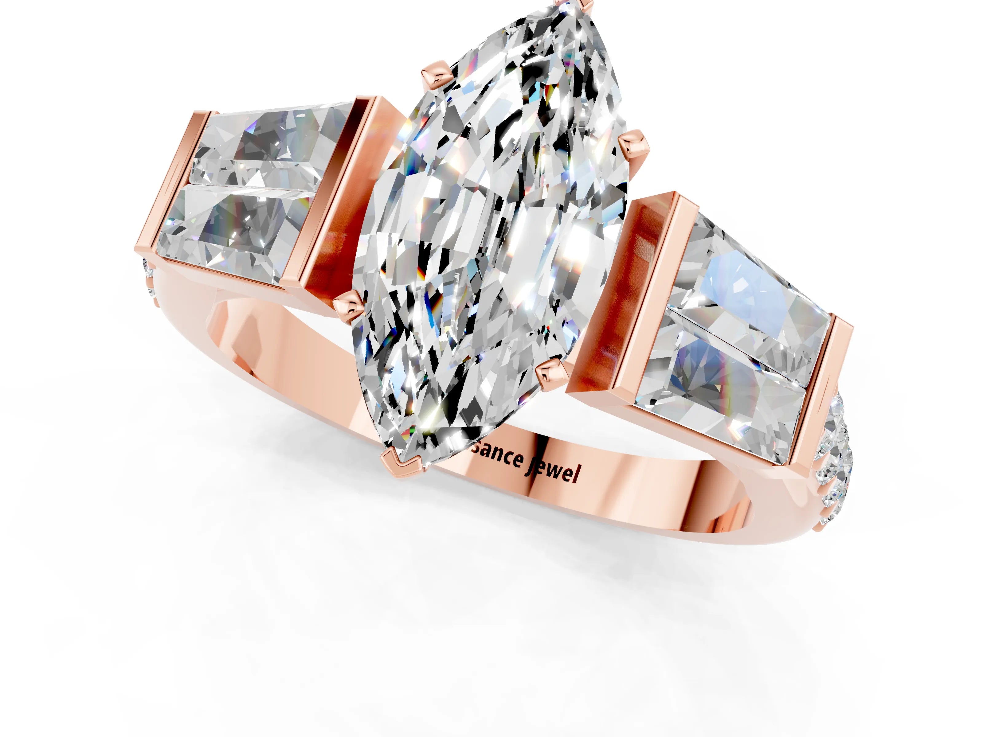 Rose gold Marquise Cut Moissanite Engagement Ring with Baguette Side Stones and Channel Set Band_1