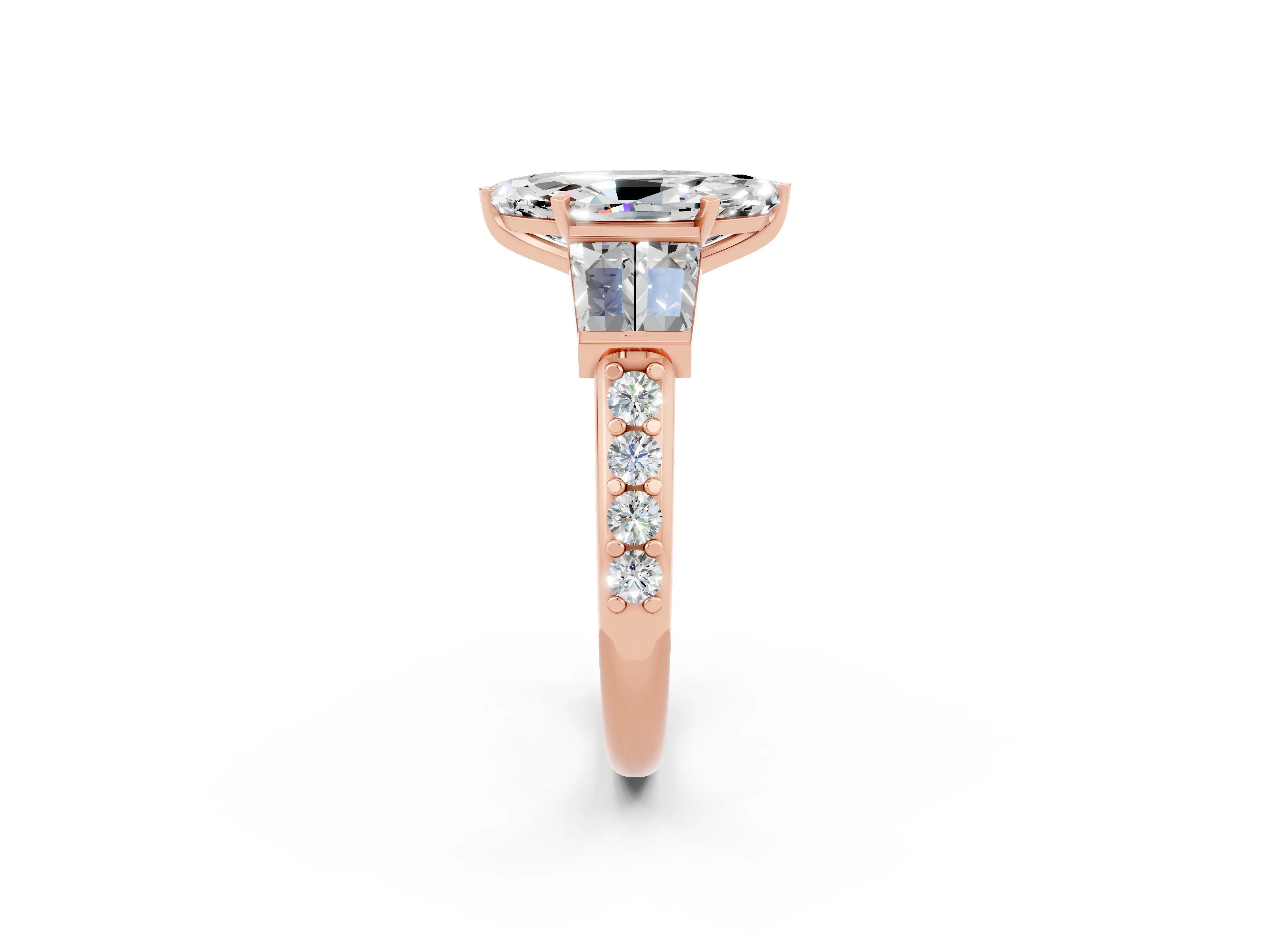 Rose gold Marquise Cut Moissanite Engagement Ring with Baguette Side Stones and Channel Set Band_2