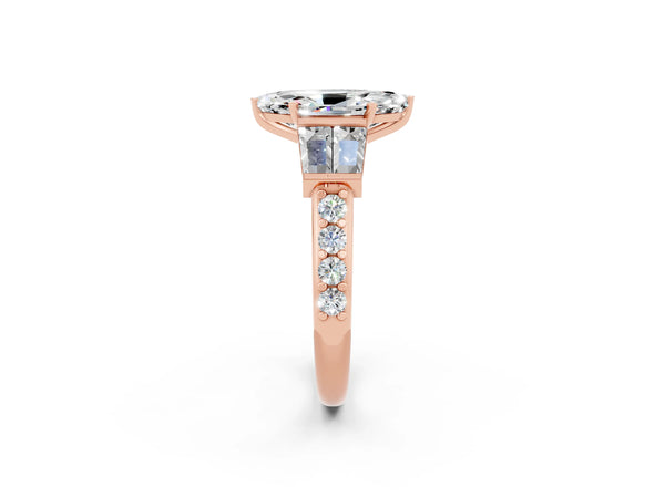 Rose gold Marquise Cut Moissanite Engagement Ring with Baguette Side Stones and Channel Set Band