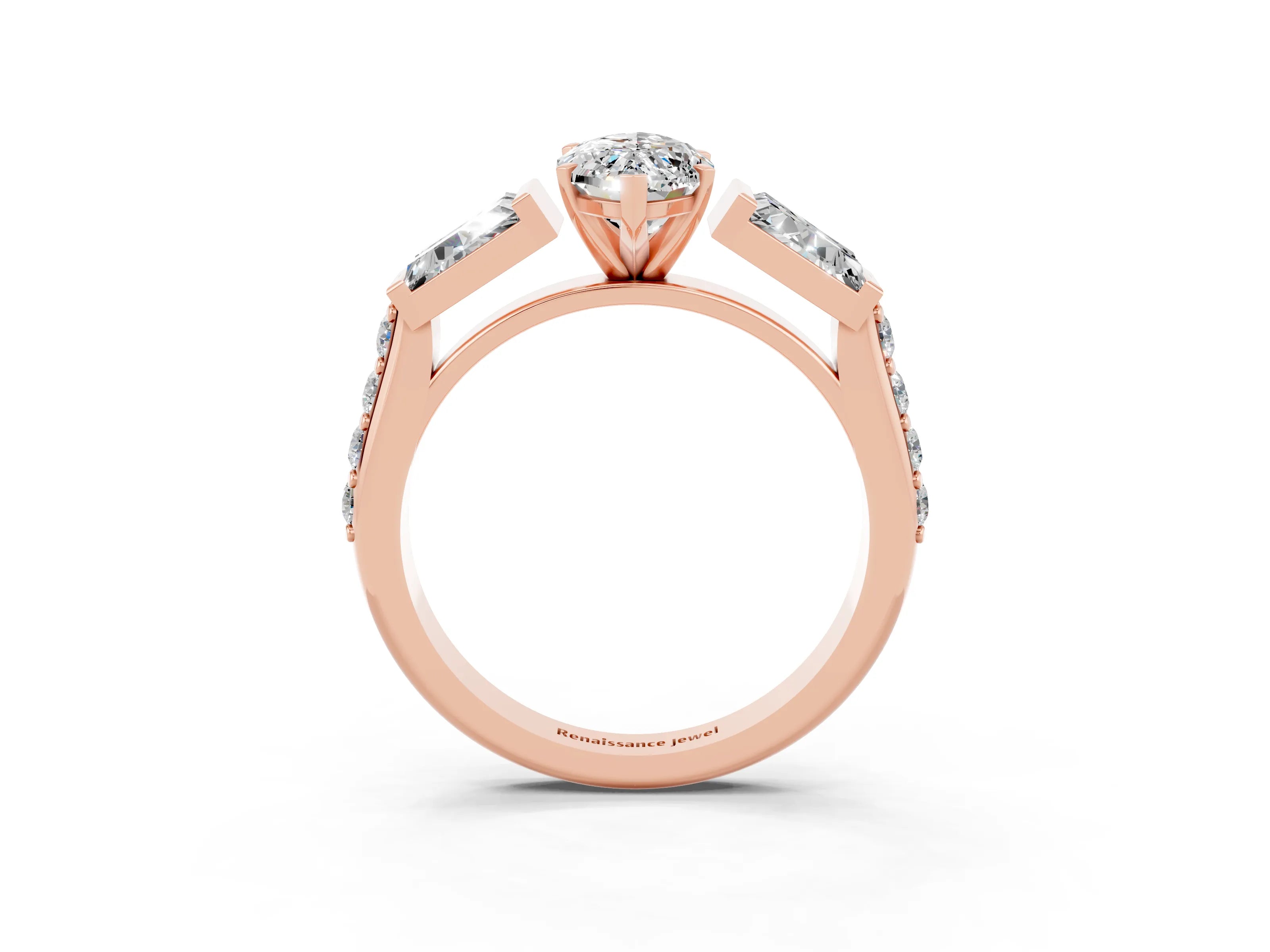 Rose gold Marquise Cut Moissanite Engagement Ring with Baguette Side Stones and Channel Set Band_3
