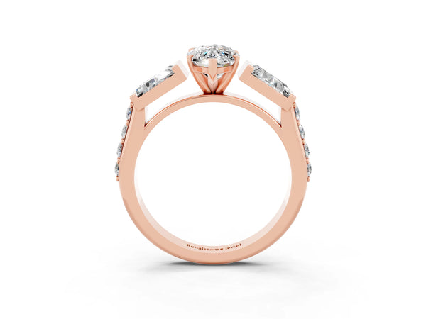 Rose gold Marquise Cut Moissanite Engagement Ring with Baguette Side Stones and Channel Set Band
