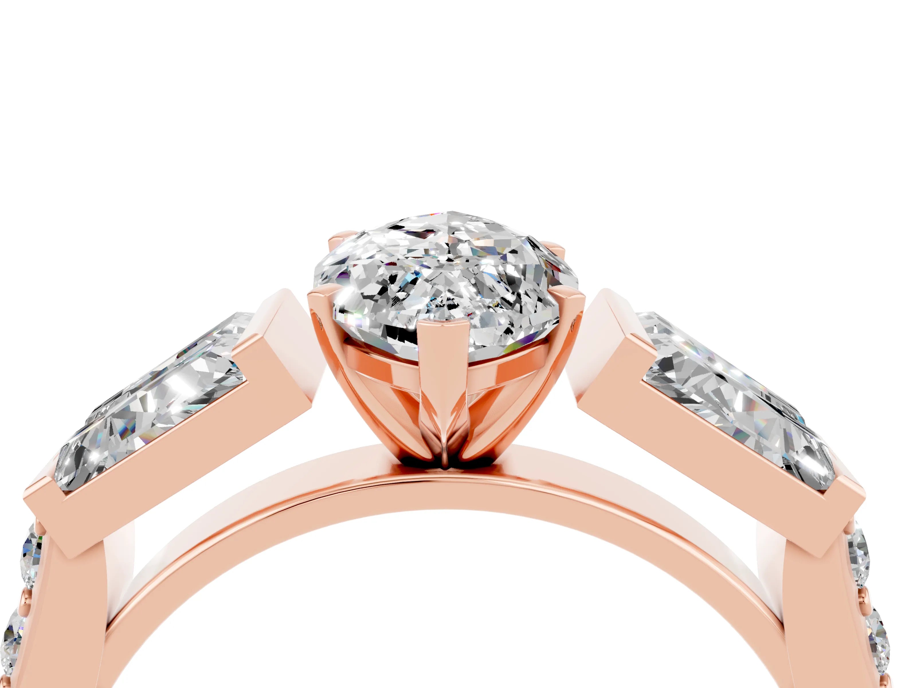 Rose gold Marquise Cut Moissanite Engagement Ring with Baguette Side Stones and Channel Set Band_4
