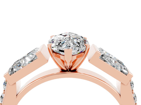 Rose gold Marquise Cut Moissanite Engagement Ring with Baguette Side Stones and Channel Set Band_4