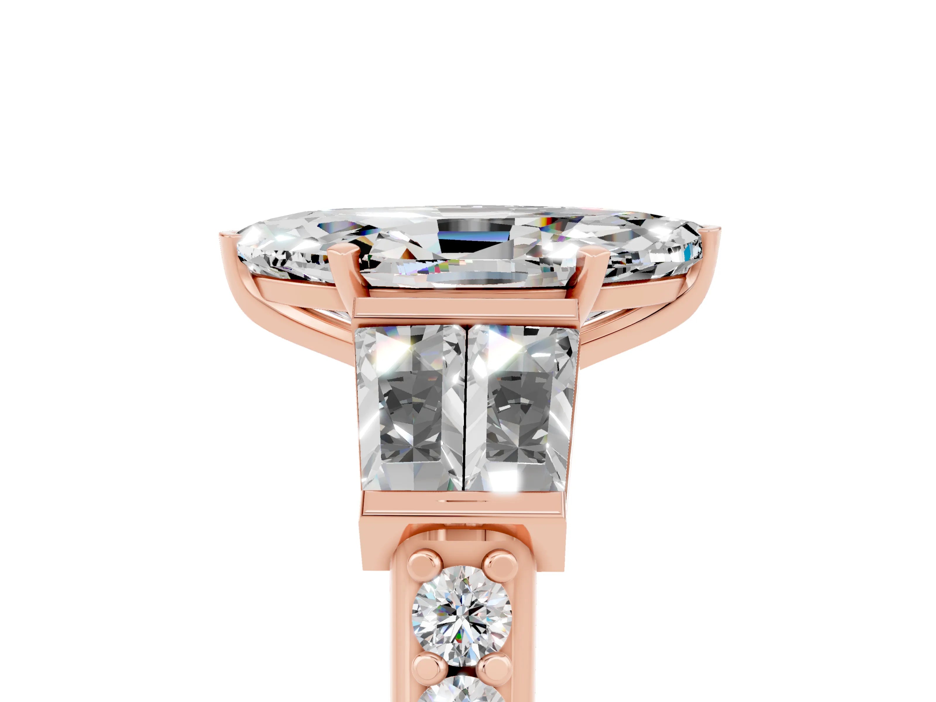 Rose gold Marquise Cut Moissanite Engagement Ring with Baguette Side Stones and Channel Set Band_5