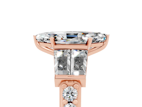 Rose gold Marquise Cut Moissanite Engagement Ring with Baguette Side Stones and Channel Set Band_5