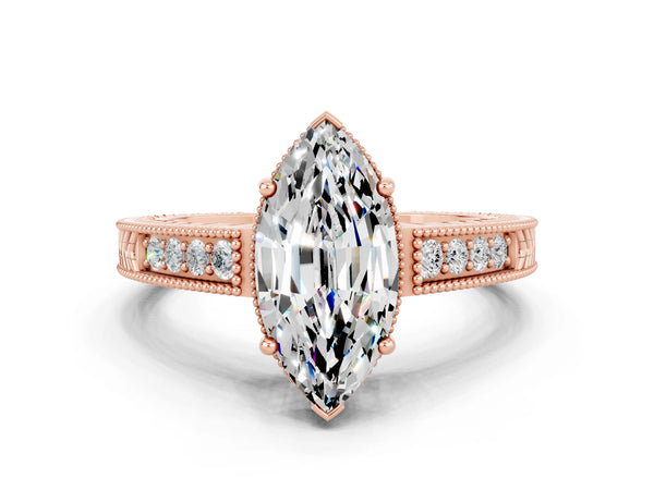 Rose gold Marquise Cut Moissanite Engagement Ring with Milgrain Channel Set Band and Prong Setting
