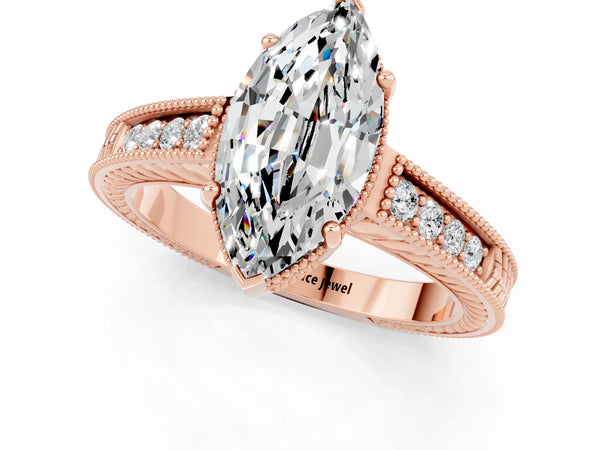 Rose gold Marquise Cut Moissanite Engagement Ring with Milgrain Channel Set Band and Prong Setting
