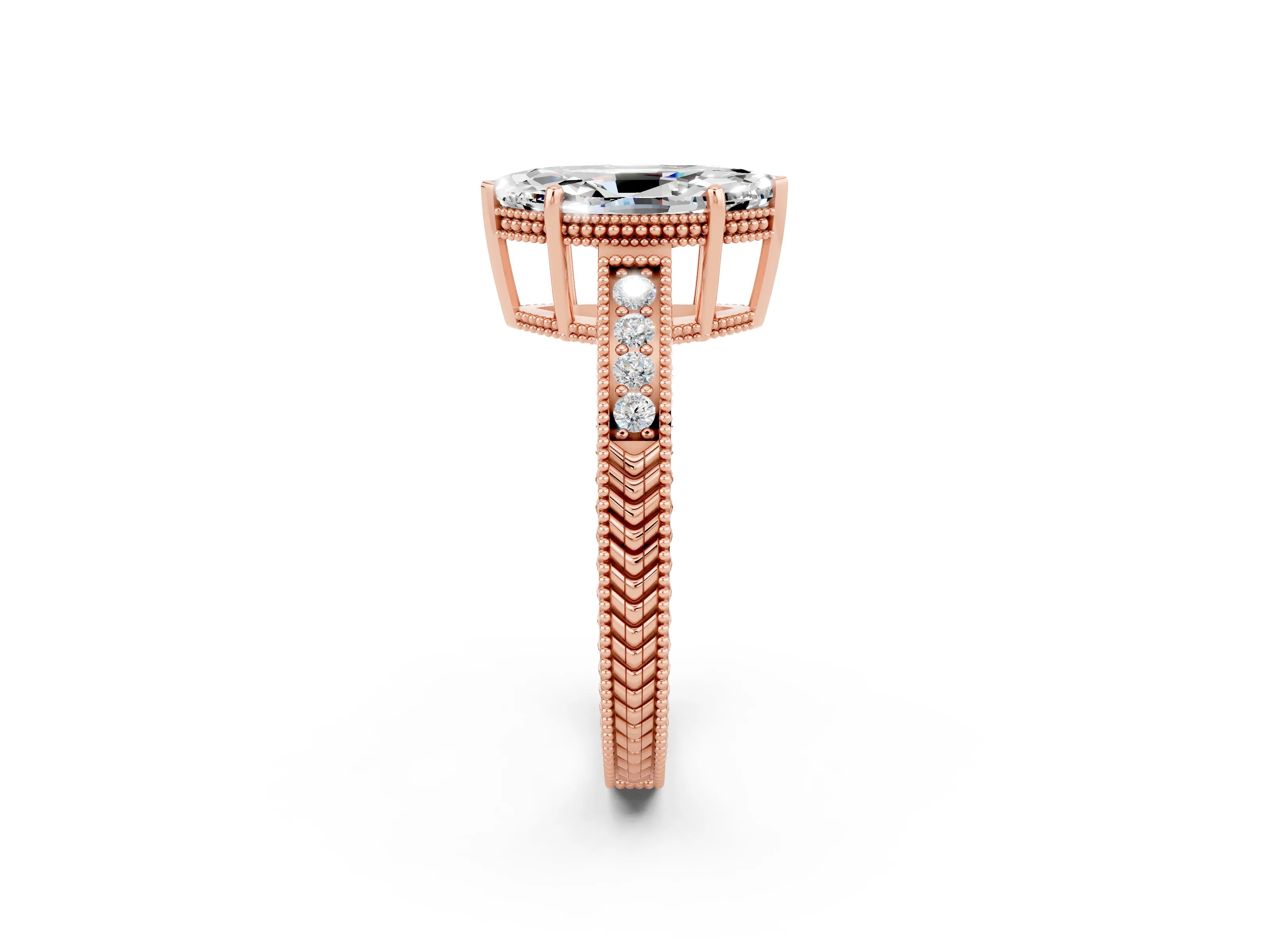 Rose gold Marquise Cut Moissanite Engagement Ring with Milgrain Channel Set Band and Prong Setting_2