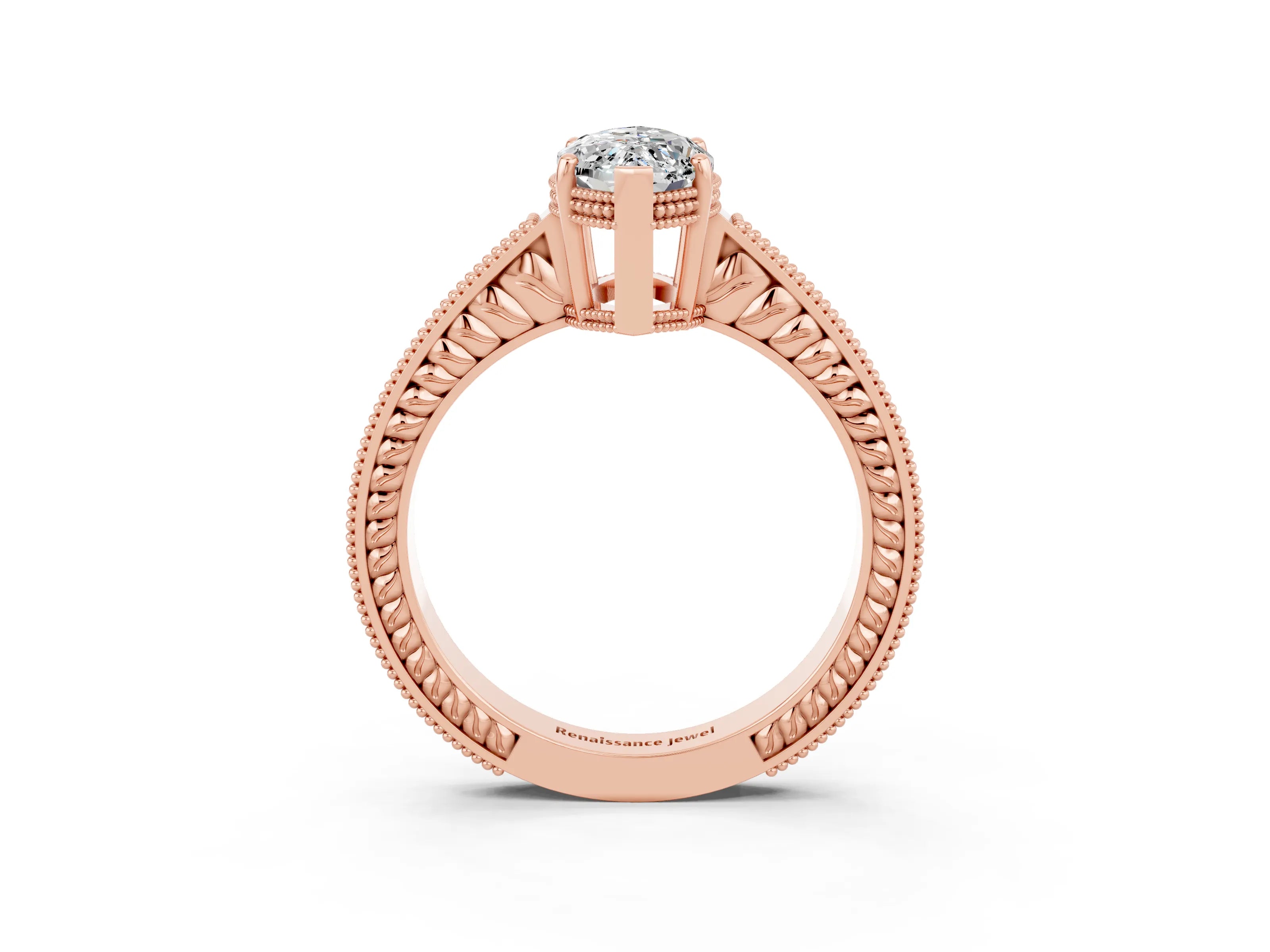 Rose gold Marquise Cut Moissanite Engagement Ring with Milgrain Channel Set Band and Prong Setting_3