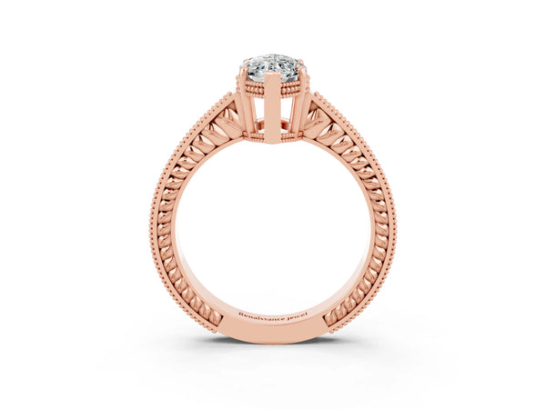 Rose gold Marquise Cut Moissanite Engagement Ring with Milgrain Channel Set Band and Prong Setting