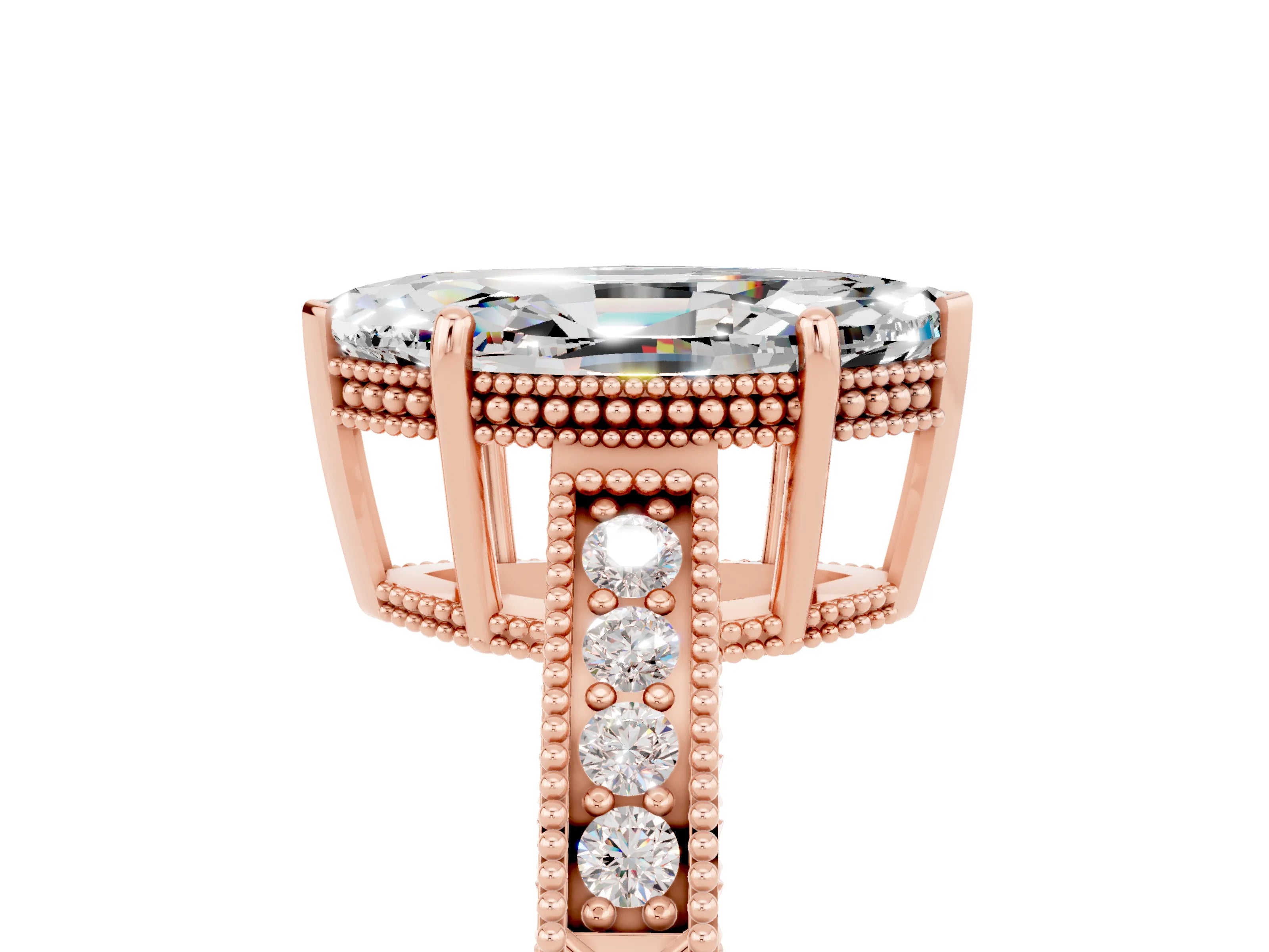 Rose gold Marquise Cut Moissanite Engagement Ring with Milgrain Channel Set Band and Prong Setting_5