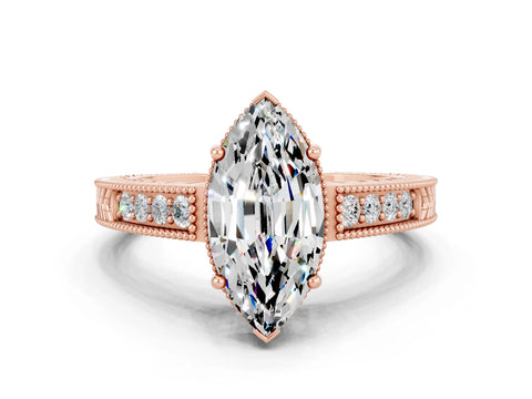 Rose gold Marquise Cut Moissanite Engagement Ring with Milgrain Channel Set Band and Prong Setting