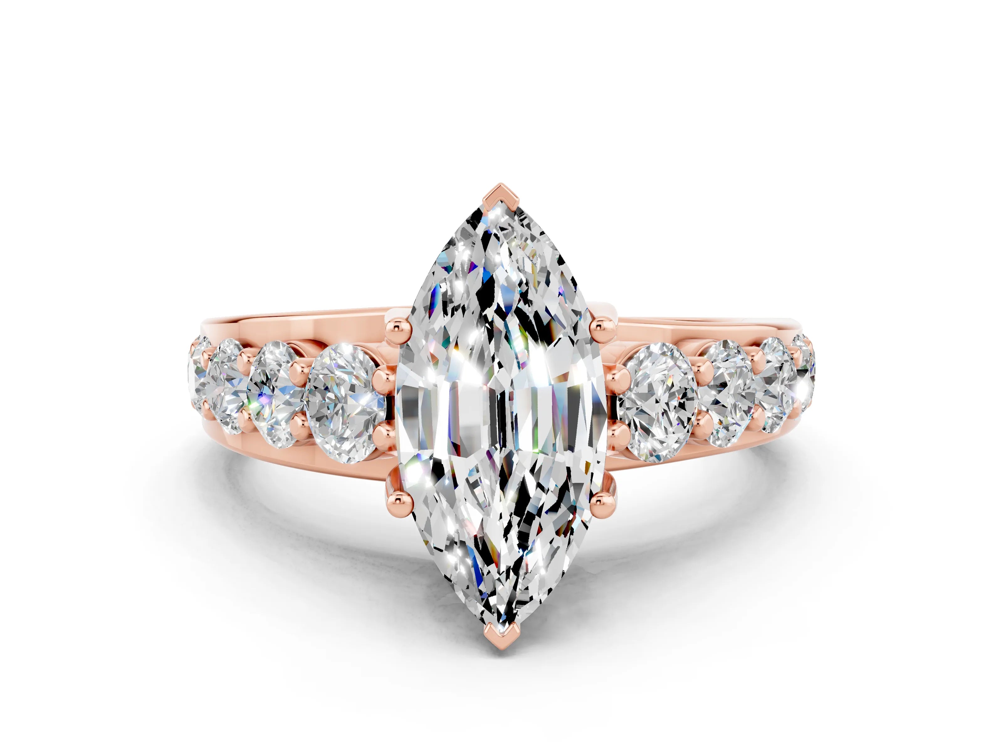 Rose gold Marquise Cut Moissanite Engagement Ring with Pavé Band and Four-Prong Setting