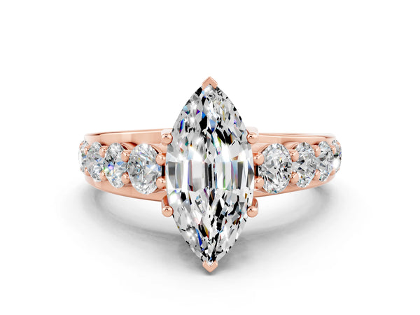 Rose gold Marquise Cut Moissanite Engagement Ring with Pavé Band and Four-Prong Setting