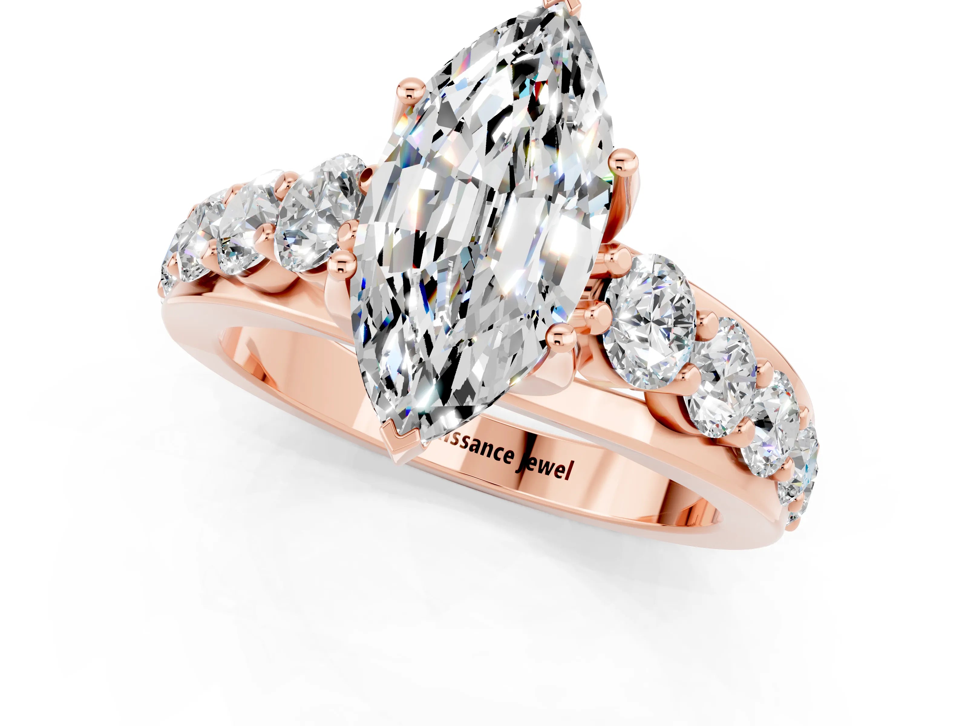 Rose gold Marquise Cut Moissanite Engagement Ring with Pavé Band and Four-Prong Setting_1