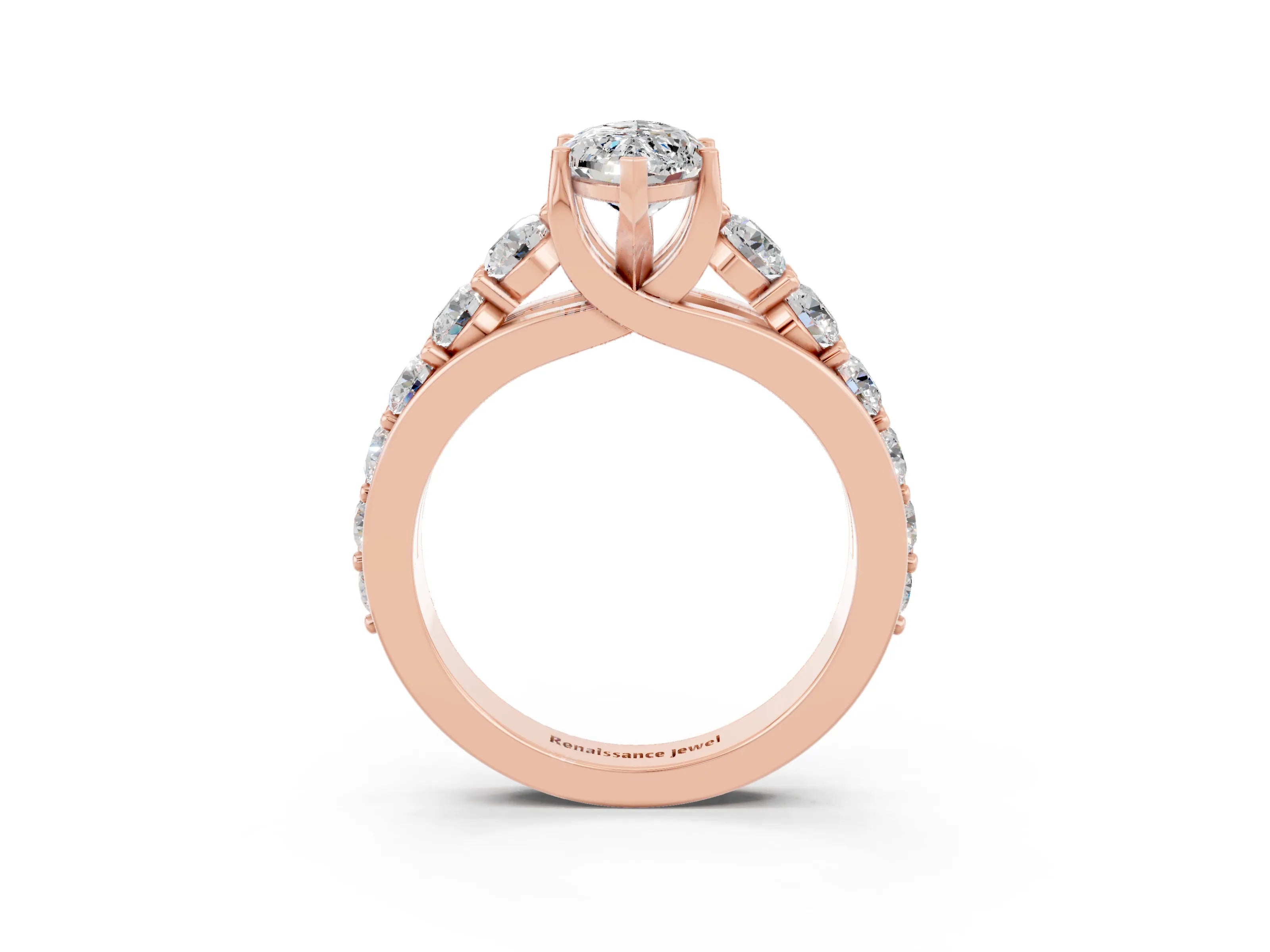 Rose gold Marquise Cut Moissanite Engagement Ring with Pavé Band and Four-Prong Setting_3