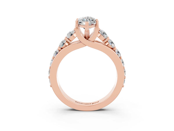 Rose gold Marquise Cut Moissanite Engagement Ring with Pavé Band and Four-Prong Setting