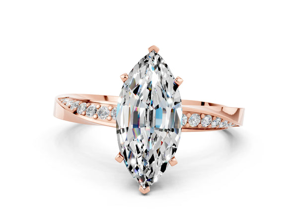 Rose gold Marquise Cut Moissanite Engagement Ring with Side Stone Accents and Four-Prong Setting