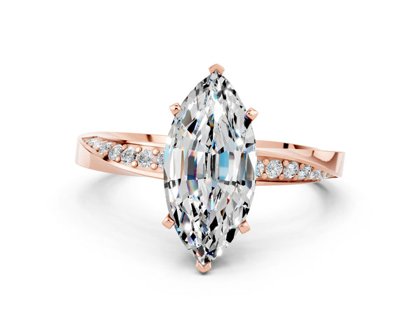 Rose gold Marquise Cut Moissanite Engagement Ring with Side Stone Accents and Four-Prong Setting
