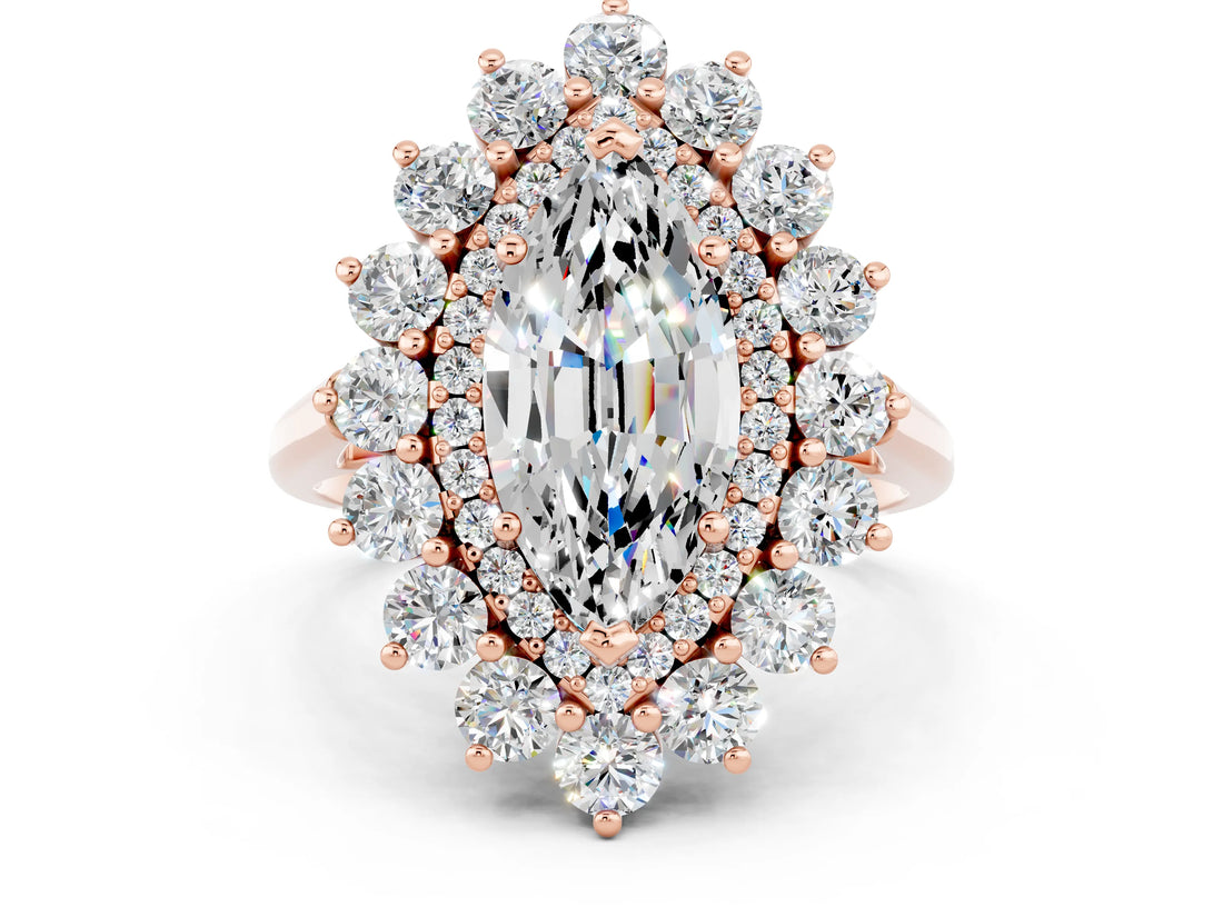 Rose gold Marquise Cut Moissanite Floral Double Halo Engagement Ring with Prong Setting_48