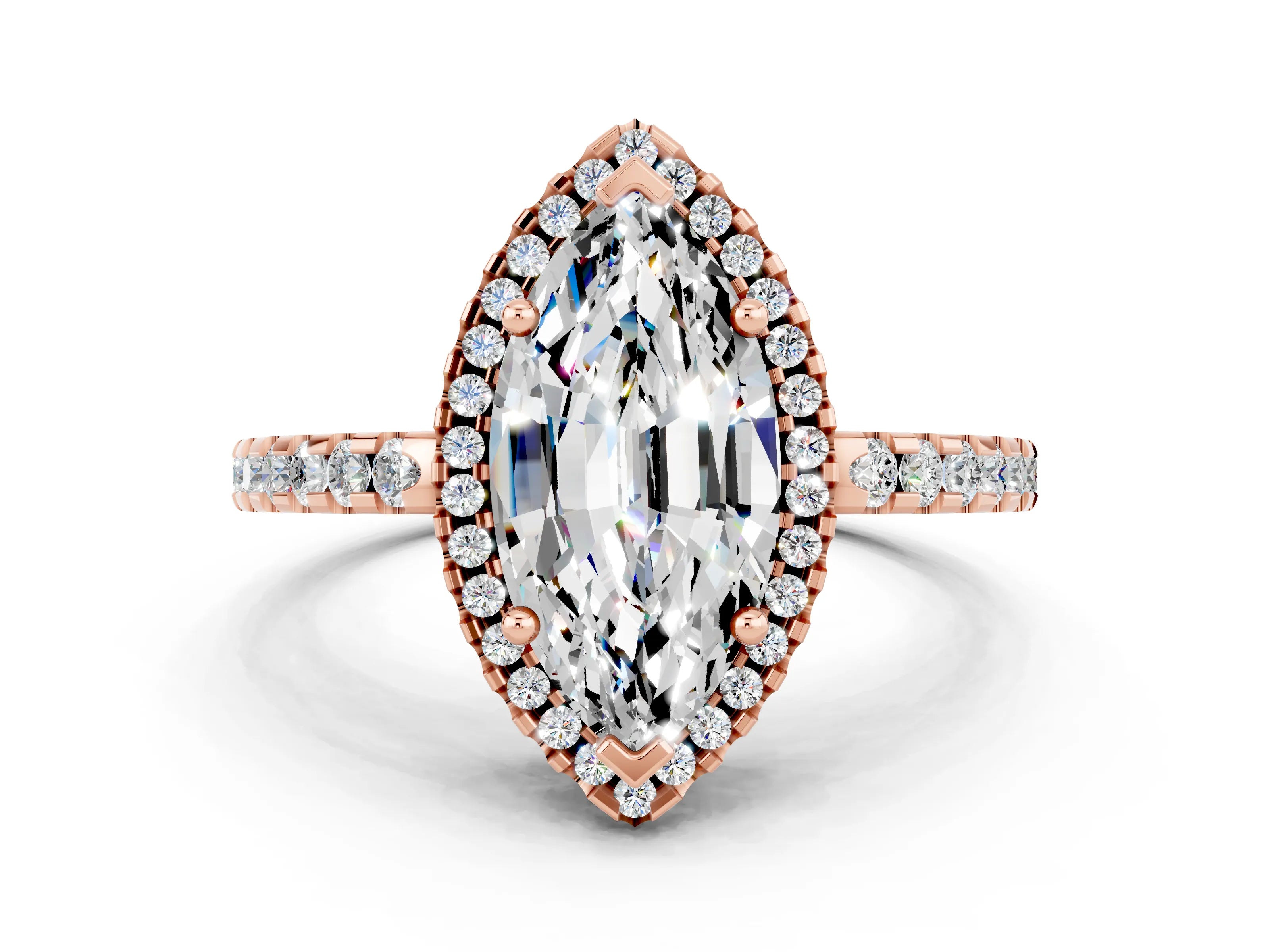 Rose gold Marquise Cut Moissanite Halo Engagement Ring with Pavé Band and Prong Setting_12