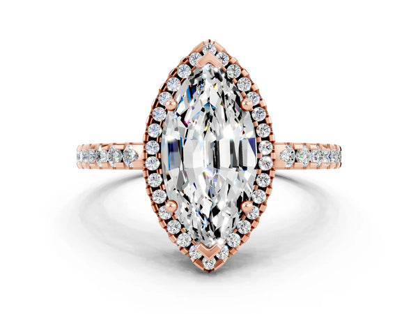 Rose gold Marquise Cut Moissanite Halo Engagement Ring with Pavé Band and Prong Setting