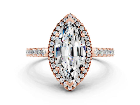 Rose gold Marquise Cut Moissanite Halo Engagement Ring with Pavé Band and Prong Setting_12