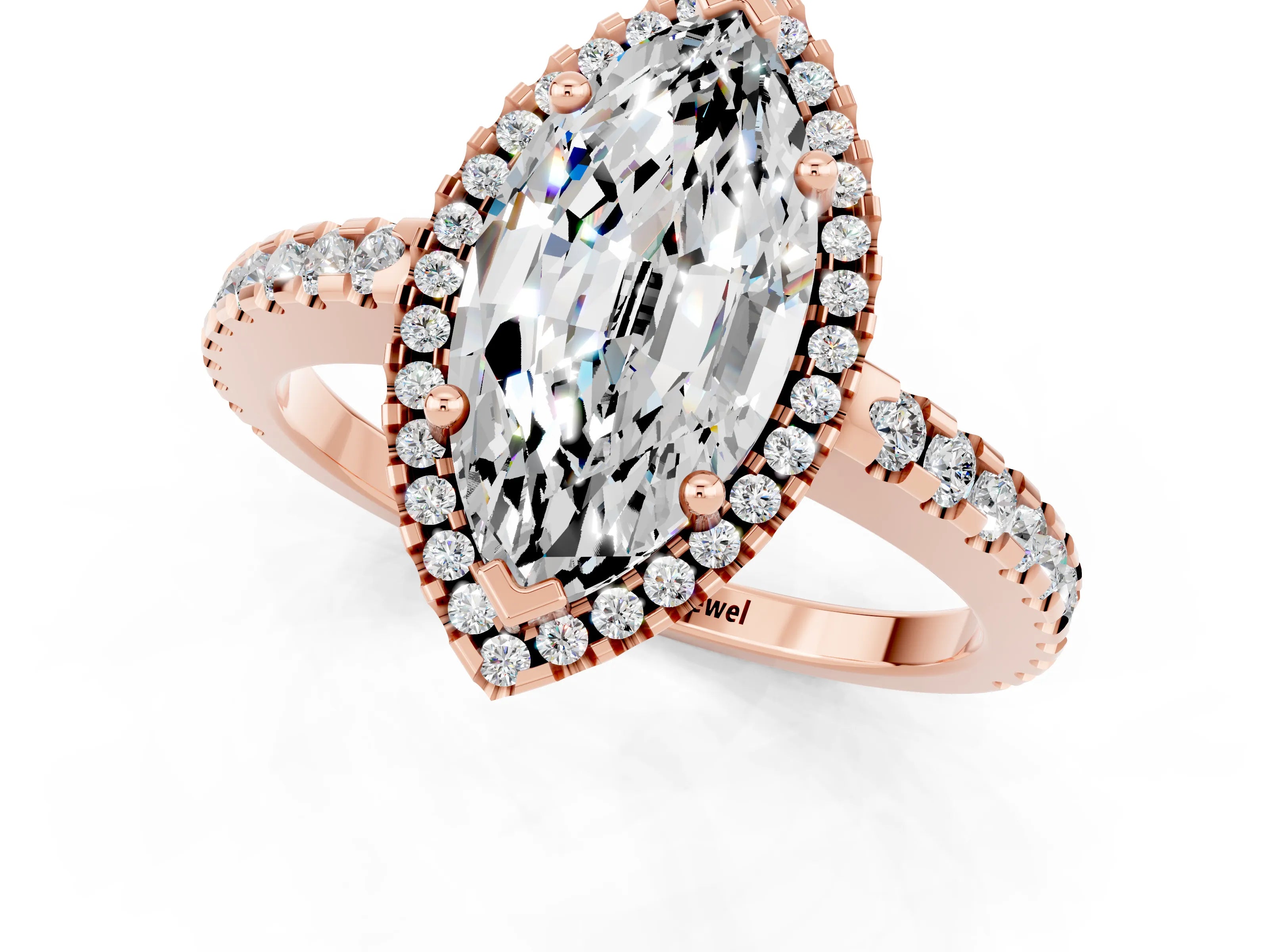 Rose gold Marquise Cut Moissanite Halo Engagement Ring with Pavé Band and Prong Setting_13