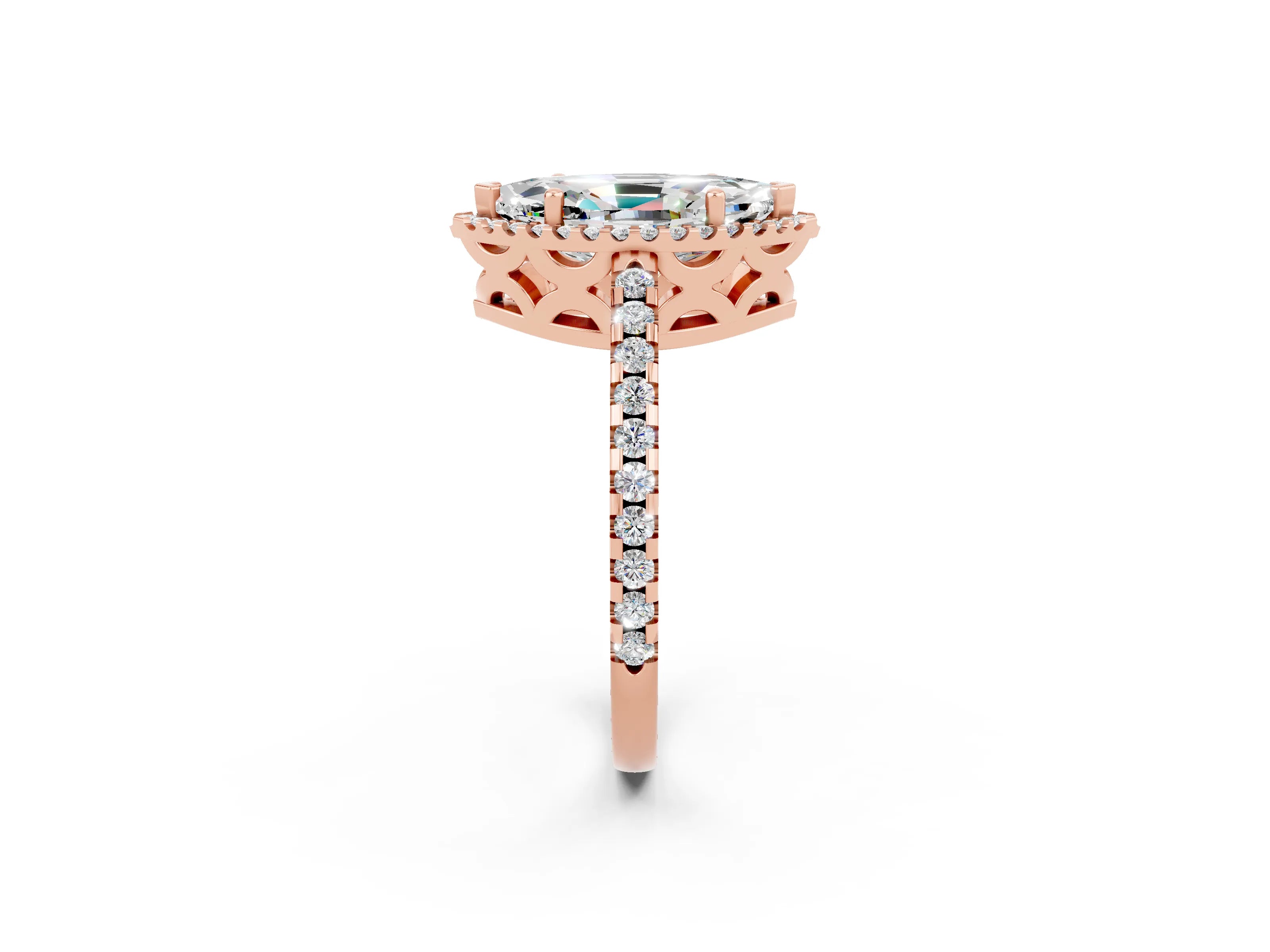 Rose gold Marquise Cut Moissanite Halo Engagement Ring with Pavé Band and Prong Setting_14