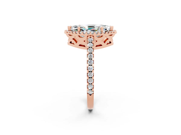 Rose gold Marquise Cut Moissanite Halo Engagement Ring with Pavé Band and Prong Setting