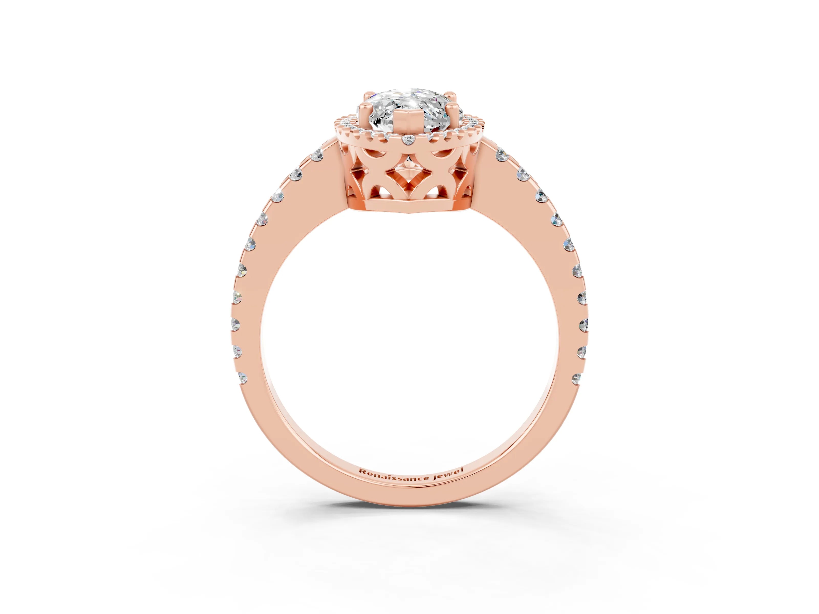 Rose gold Marquise Cut Moissanite Halo Engagement Ring with Pavé Band and Prong Setting_15
