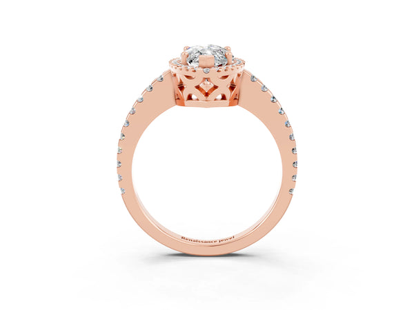 Rose gold Marquise Cut Moissanite Halo Engagement Ring with Pavé Band and Prong Setting