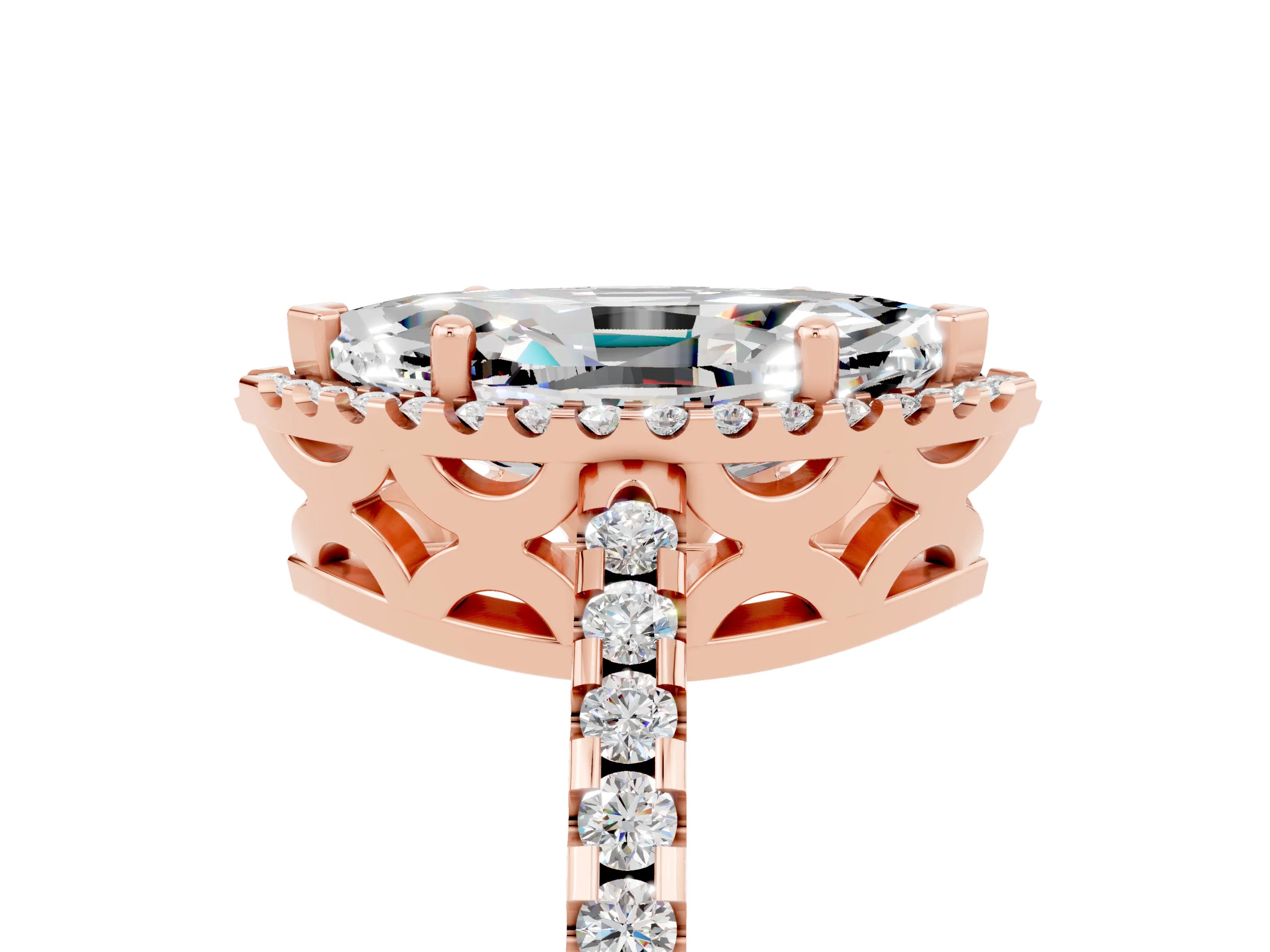 Rose gold Marquise Cut Moissanite Halo Engagement Ring with Pavé Band and Prong Setting_17