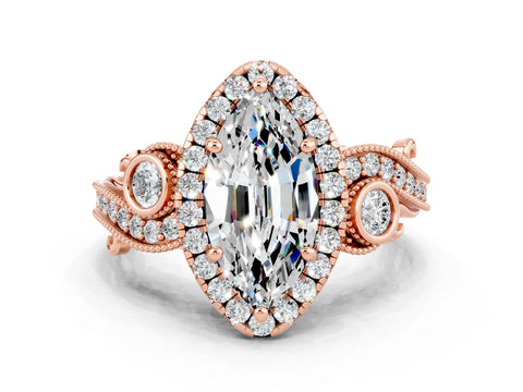 Rose gold Marquise Cut Moissanite Halo Ring with Milgrain Pavé Band and Four-Prong Setting_12