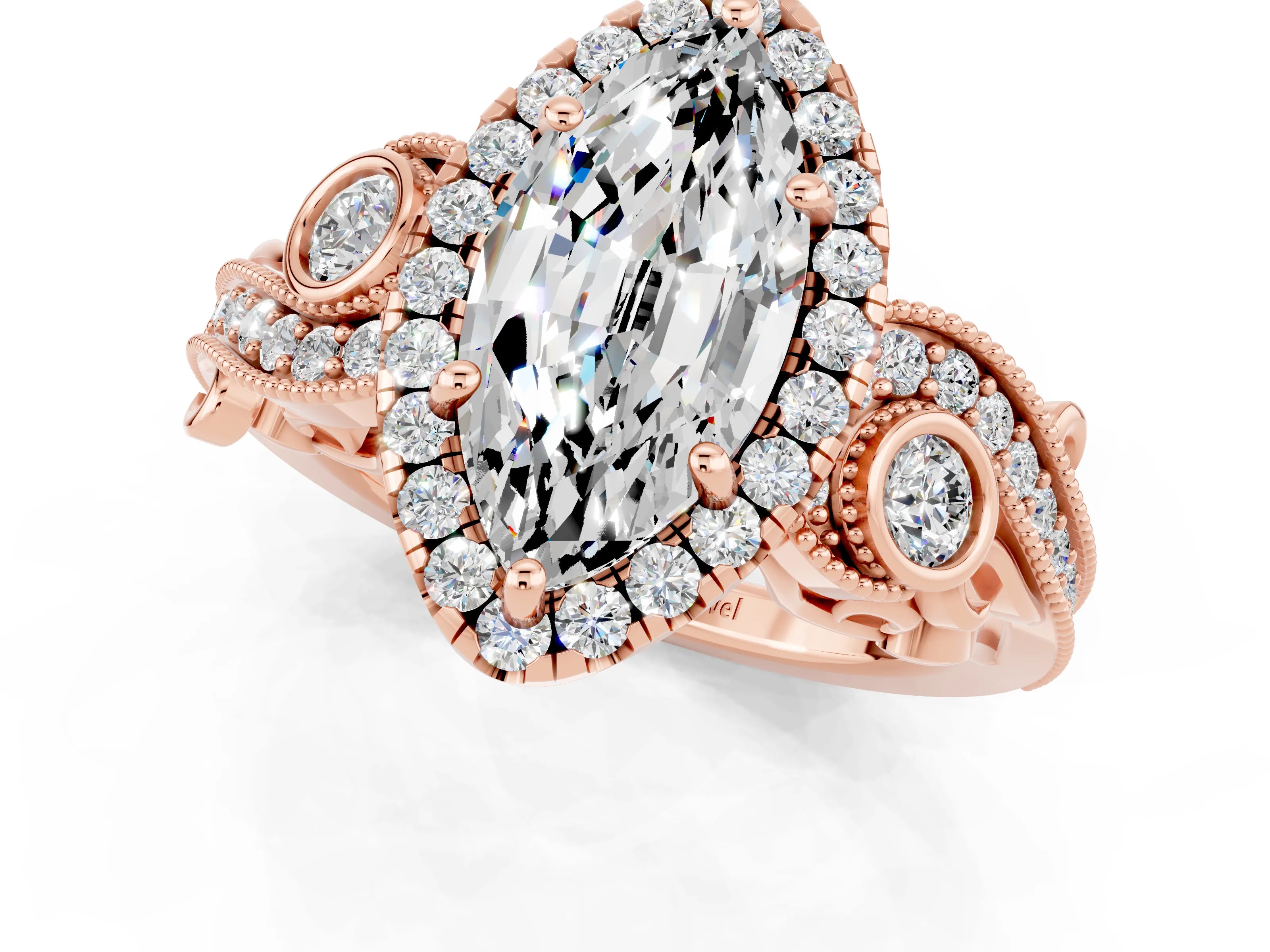 Rose gold Marquise Cut Moissanite Halo Ring with Milgrain Pavé Band and Four-Prong Setting_13