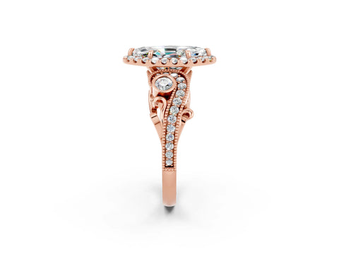Rose gold Marquise Cut Moissanite Halo Ring with Milgrain Pavé Band and Four-Prong Setting_14