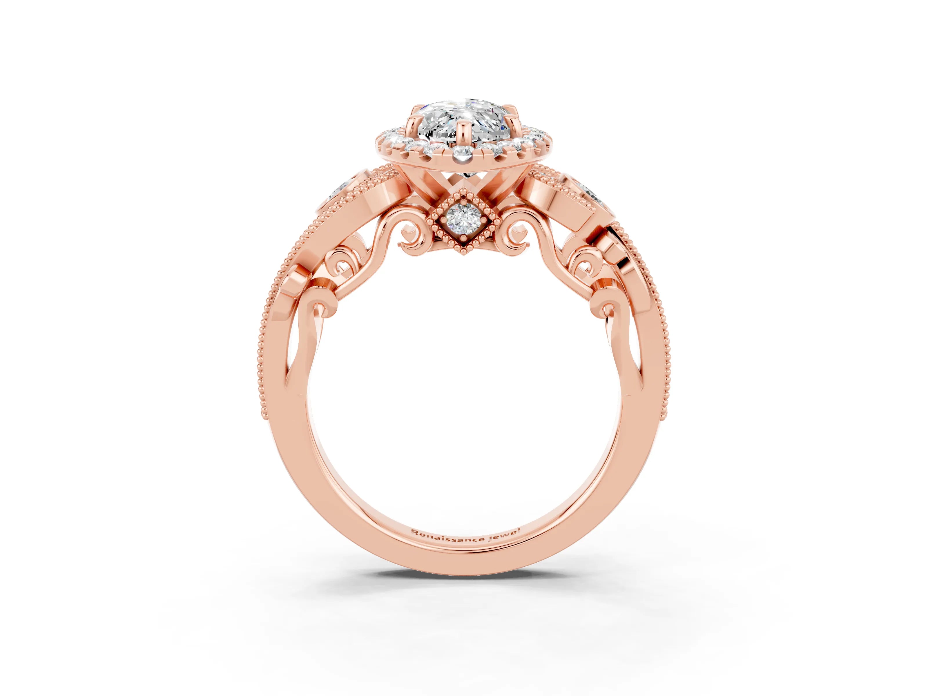 Rose gold Marquise Cut Moissanite Halo Ring with Milgrain Pavé Band and Four-Prong Setting_15