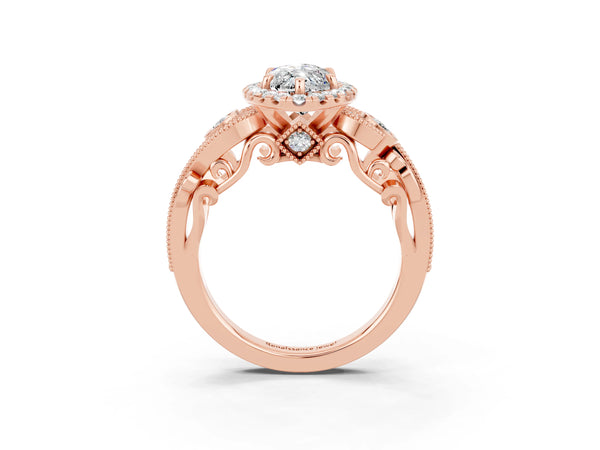 Rose gold Marquise Cut Moissanite Halo Ring with Milgrain Pavé Band and Four-Prong Setting