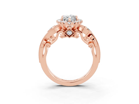 Rose gold Marquise Cut Moissanite Halo Ring with Milgrain Pavé Band and Four-Prong Setting_15