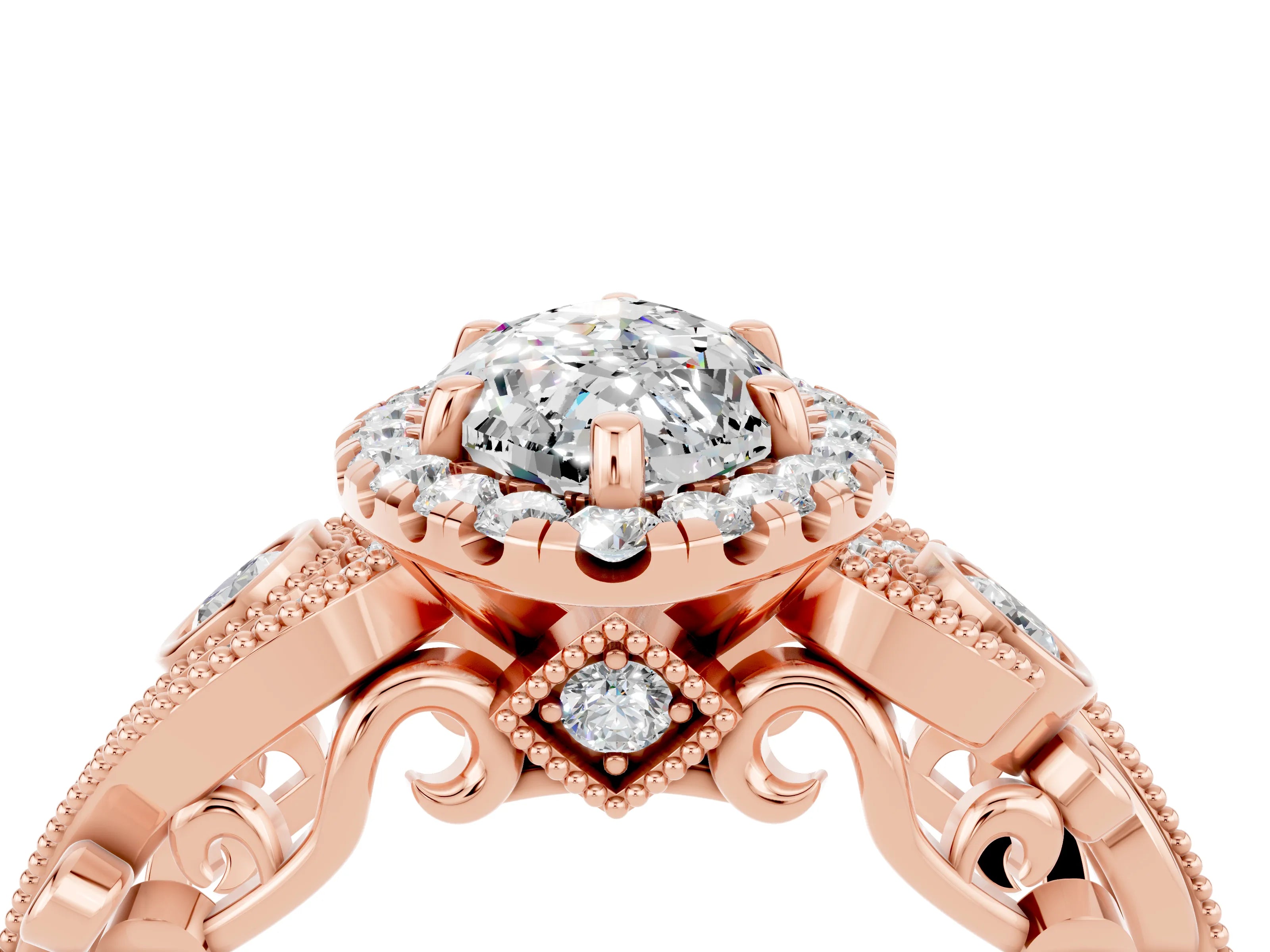 Rose gold Marquise Cut Moissanite Halo Ring with Milgrain Pavé Band and Four-Prong Setting_16