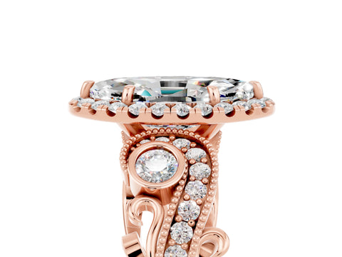 Rose gold Marquise Cut Moissanite Halo Ring with Milgrain Pavé Band and Four-Prong Setting_17