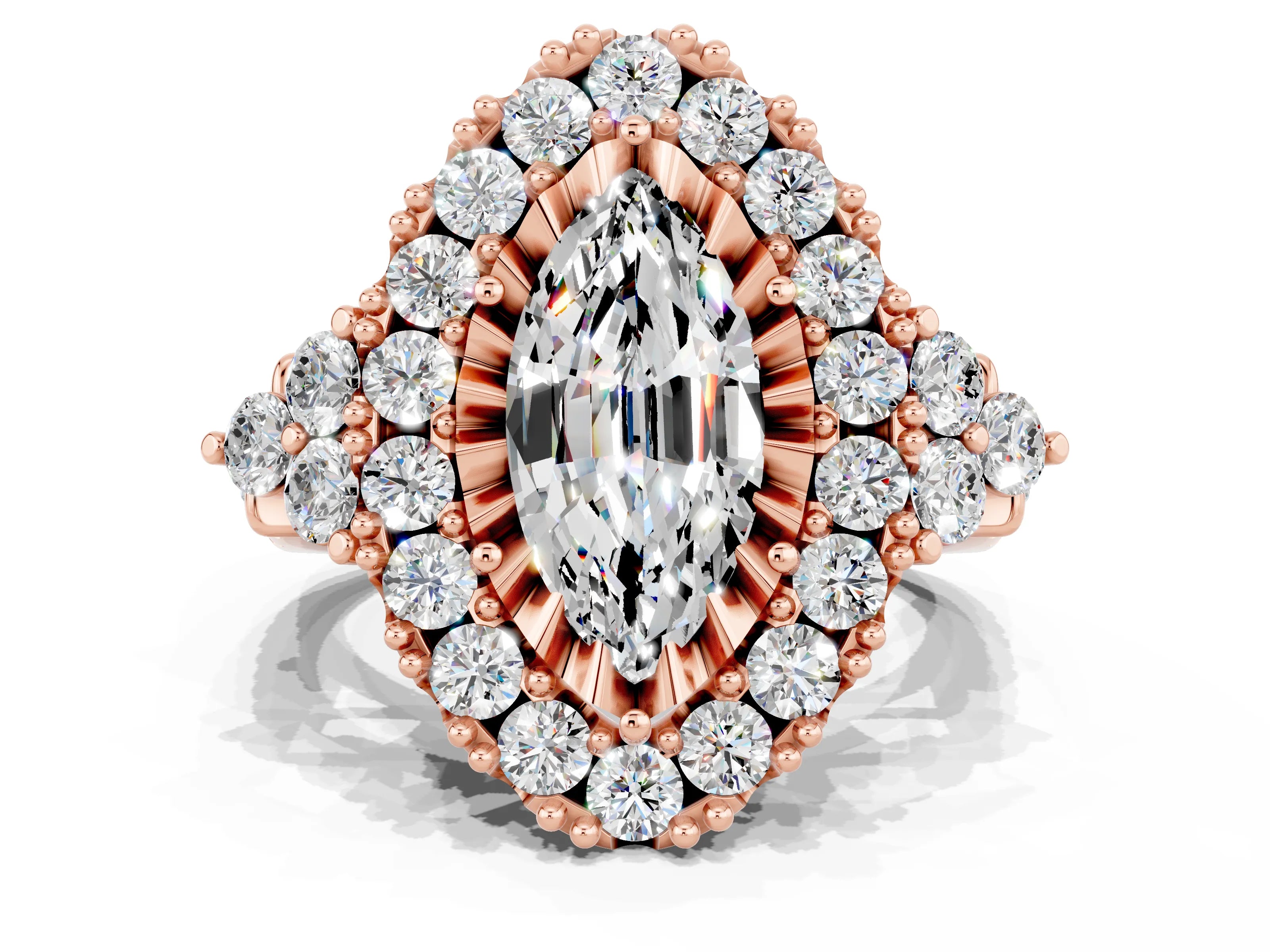 Rose gold Marquise Cut Moissanite Halo Ring with Pavé Band and Four-Prong Setting_12