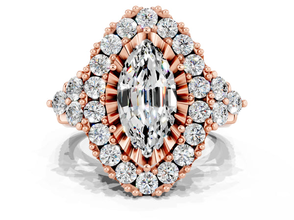 Rose gold Marquise Cut Moissanite Halo Ring with Pavé Band and Four-Prong Setting