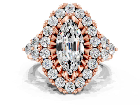 Rose gold Marquise Cut Moissanite Halo Ring with Pavé Band and Four-Prong Setting_12